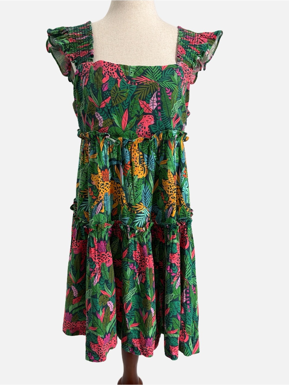 Palms Away Jungle Roar Flutter Sleeve Mini Dress Linen Blend Tiered Size S NWOT